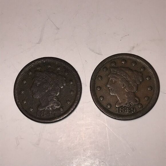 1847&1849 Braided hair Large Cent Copper US Coins Circulated US Currency/Money - Picture 3 of 9